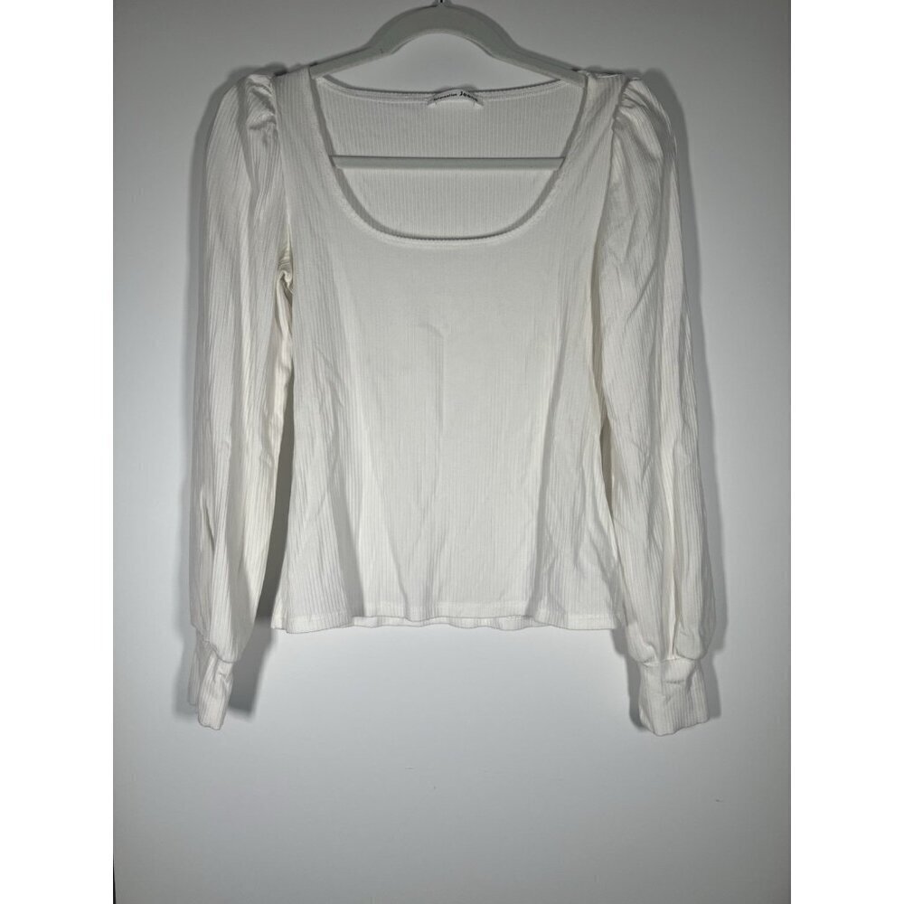 Reformation Jeans white ribbed scoop neck puff sleeve tshirt L stretch retro